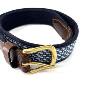 Vineyard Vines Whale Belt Pink Navy Silk Ribbon Leather Brass Buckle Size 28